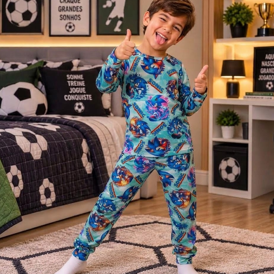 Pijama Infantil Suede Menino Longo Manga Comprida E Calça Confortável Estampado Inverno de Personagem