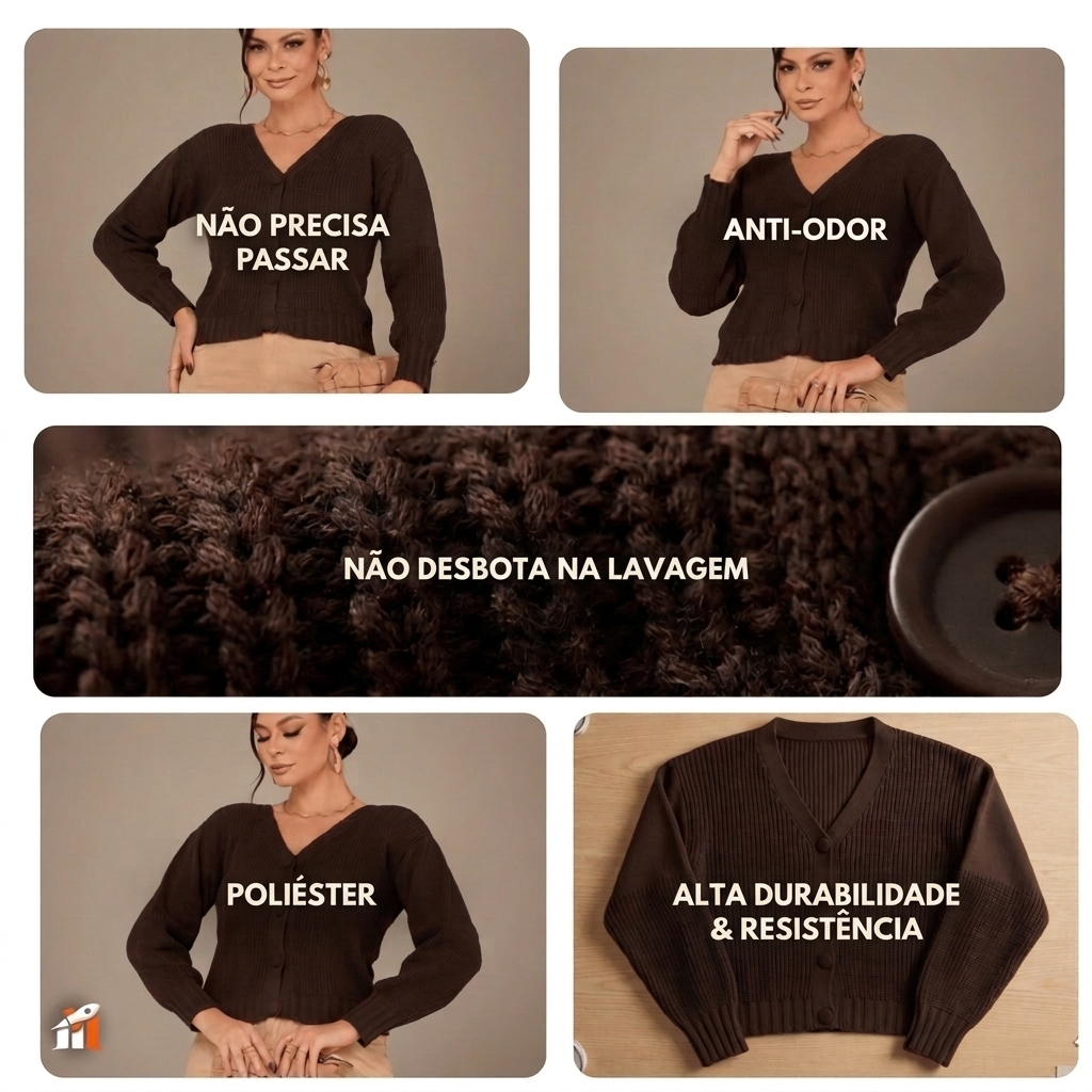 Agasalho Cardigan Feminino Tricot Cropped Manga Bufante Botões Forrados Elegante Inverno Moda Casual — imagem 2 de 2