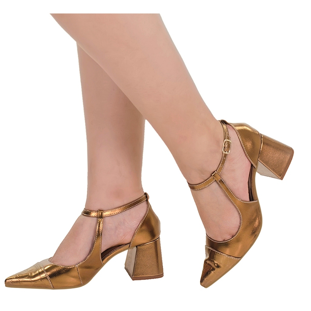 Scarpin Feminino Fivela Bico Fino com Salto Bloco Sapato Biqueira em Croco 18300 · foto 2