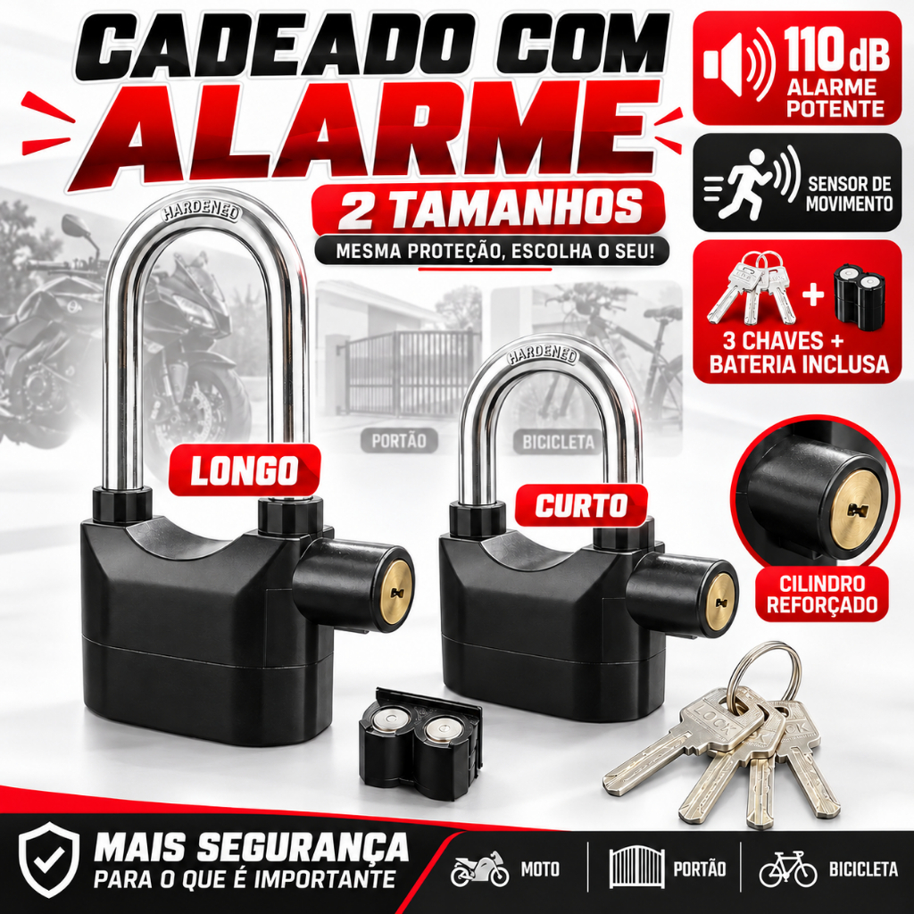 Cadeado com Alarme Sonoro 110dB Antifurto para Moto Portão Bicicleta com Sensor de Vibração