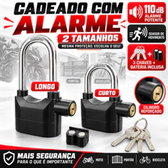 Cadeado com Alarme Sonoro 110dB Antifurto para Moto Portão Bicicleta com Sensor de Vibração