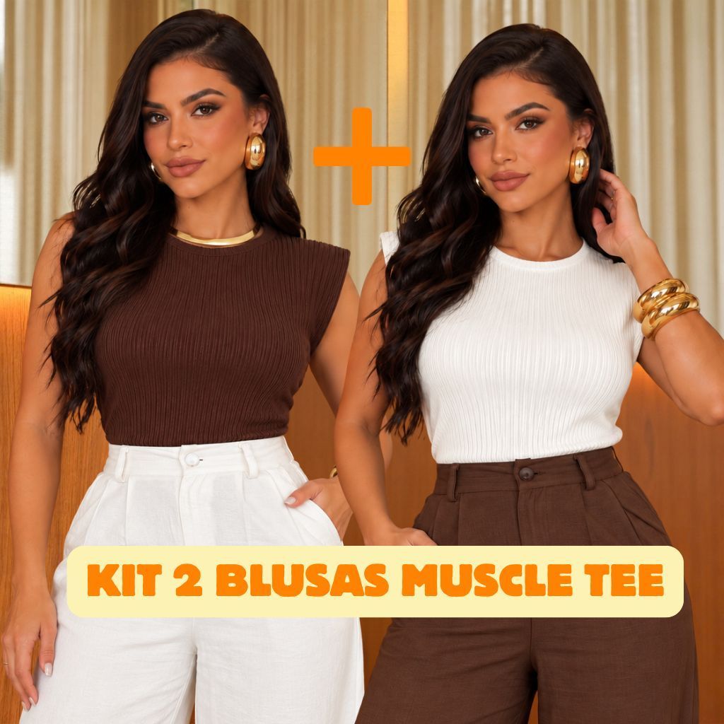 Kit 2 Blusas Feminina Muscle Tee Lisa Ribana Canelada Gola Redonda Básica Social Elegante