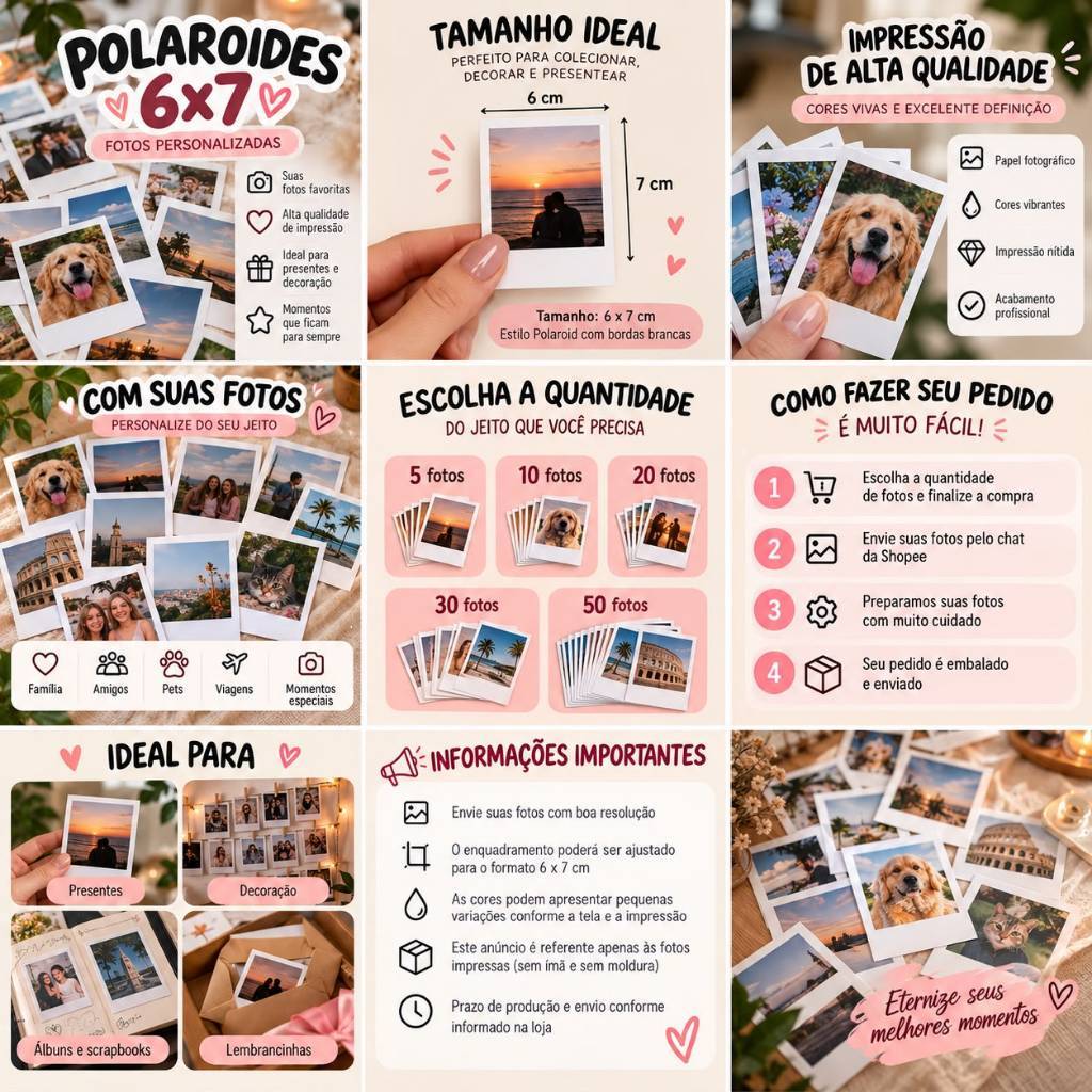 Fotos Polaroid 6x7 Personalizadas imã | Revelação de Fotos | Mini Fotos para Lembrancinhas, Presentes e Decoração