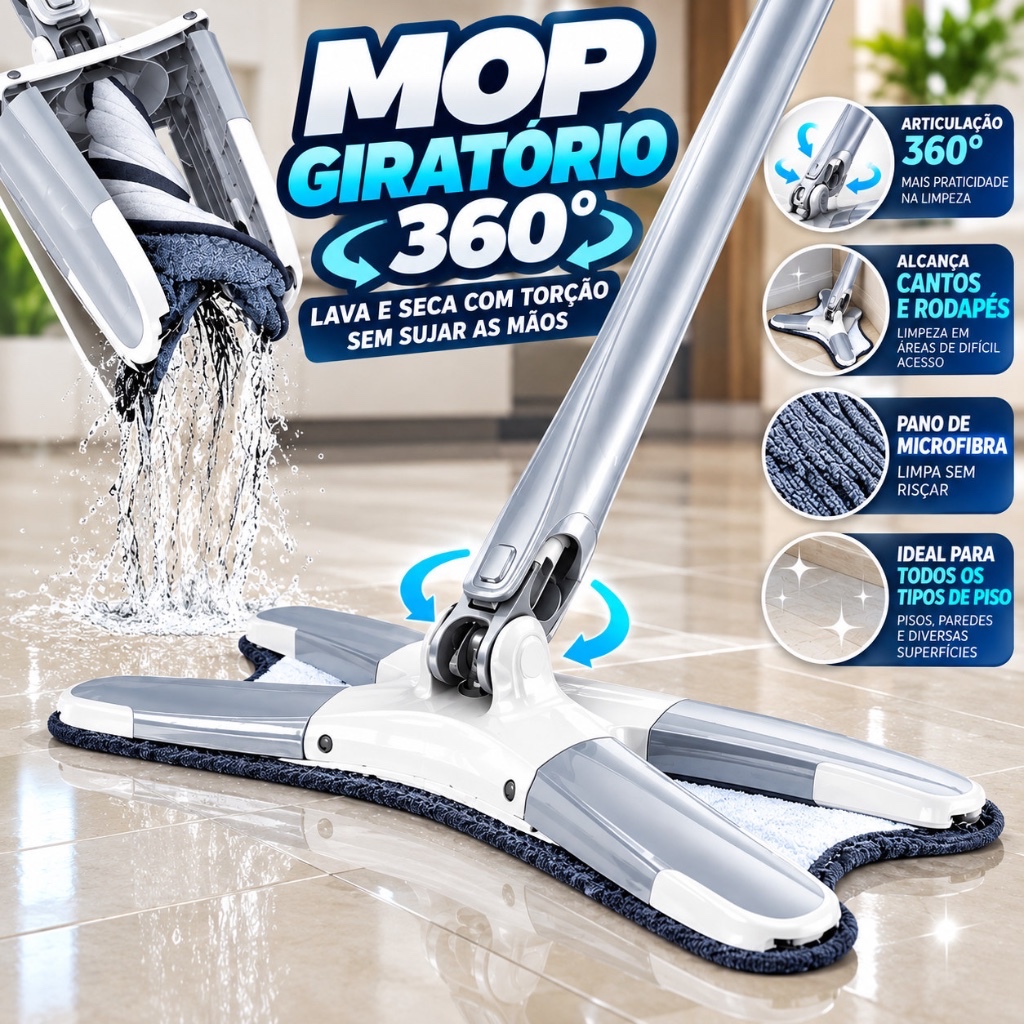 Mop rodo Giratório 360° Lava e Seca com Torção Esfregão Microfibra Rodo Mágico Limpeza Piso Parede + Refil