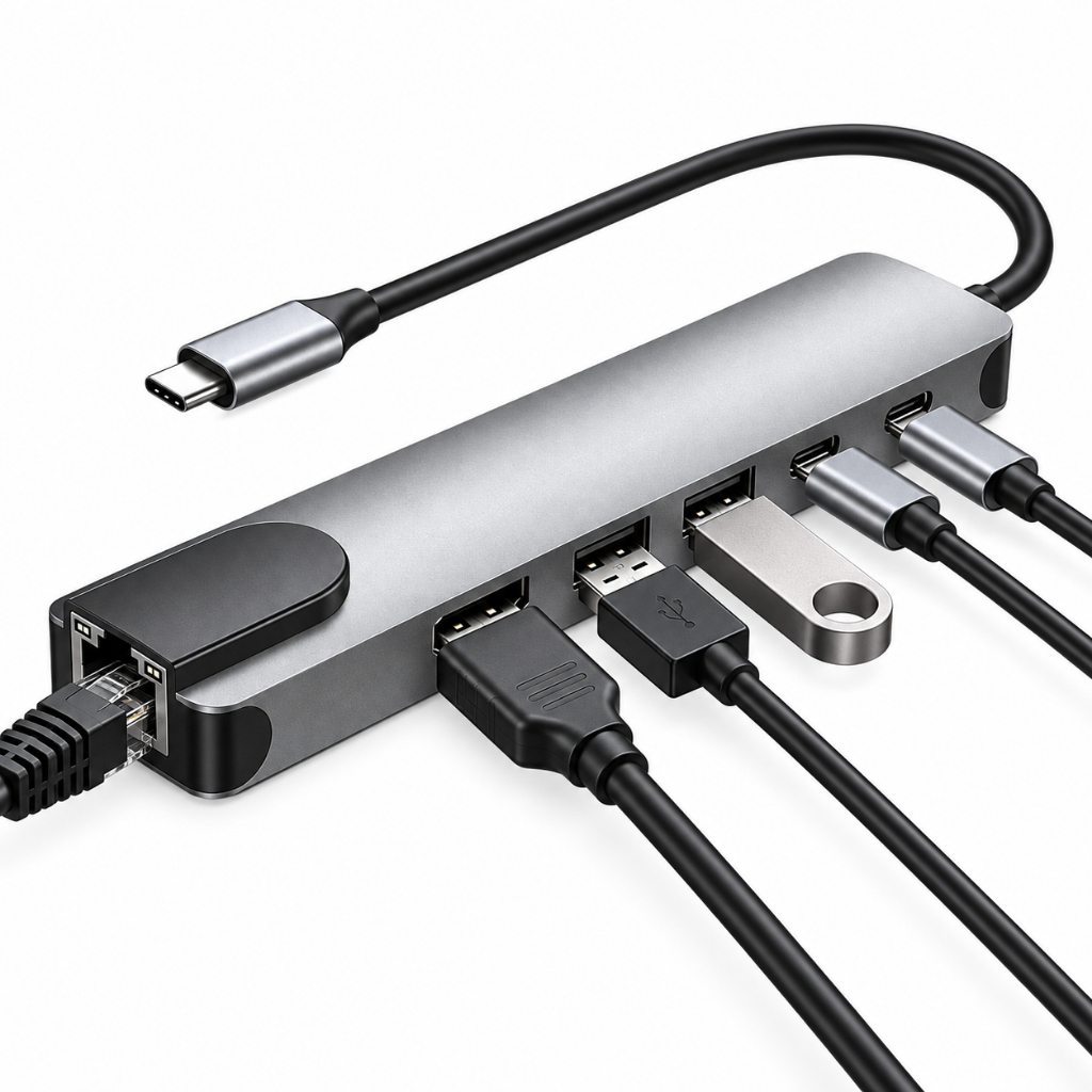 Hub Adaptador USB 3.0 e Tipo C 6 em 1 HDMI 4K RJ45 Ethernet PD para Notebook