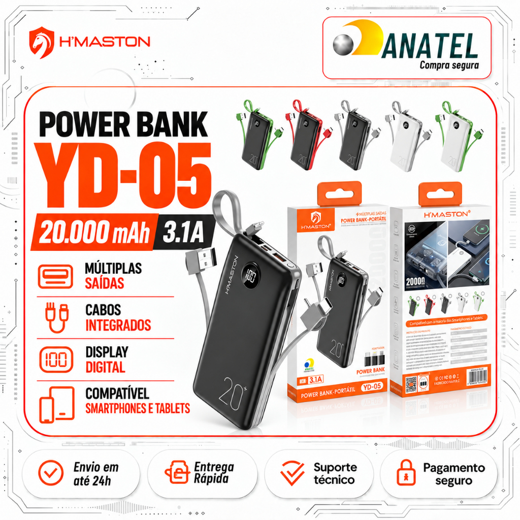 Power Bank 20000mAh Carregador Portátil Turbo Cabos Inclusos Lightning Tipo-C e V8 H'maston YD05 Carga Rápida