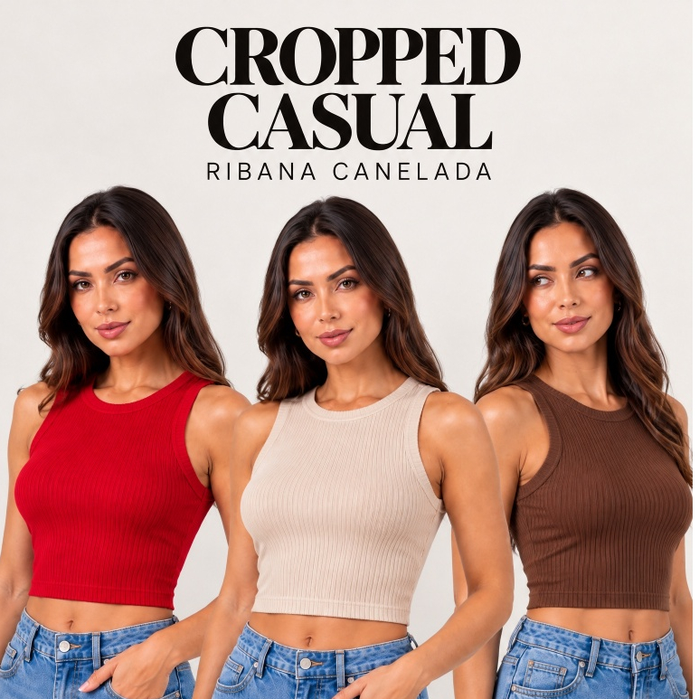 Cropped Feminino Regata Canelado Ribana Gola Redonda Sem Manga Básico Verão