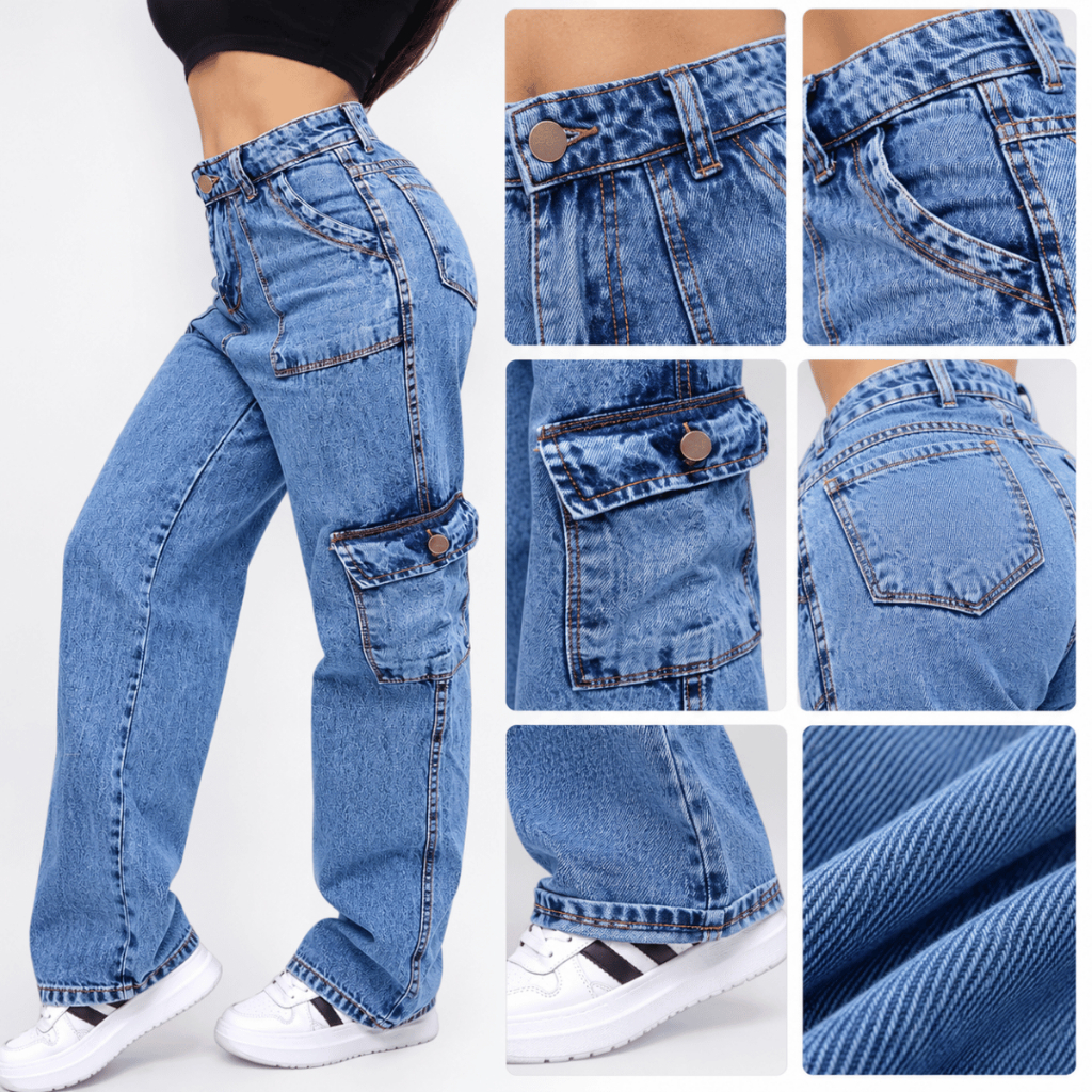 Calça Jeans Wide Leg Cargo Moda Feminina Pantalona Bolso Lateral Cintura Alta Jeans Premium — imagem 2 de 2
