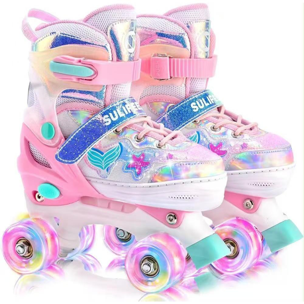 Patins Infantil 4 Rodas Meninas Com Freios + Proteção Ajustável Rosa Estrela Com Luz De Led