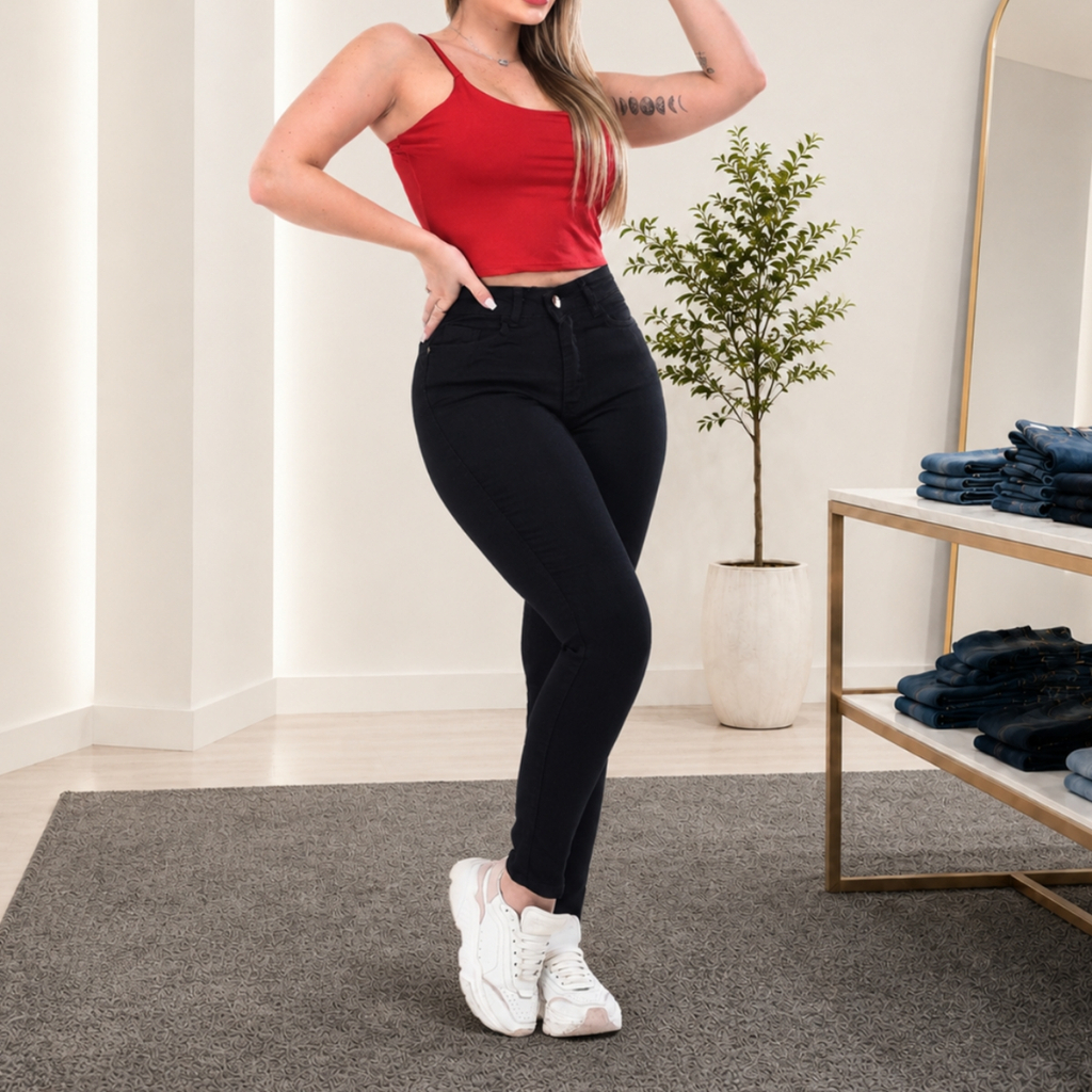Calça Jeans Feminina Skinny Preta Cintura Alta Com Lycra Modeladora