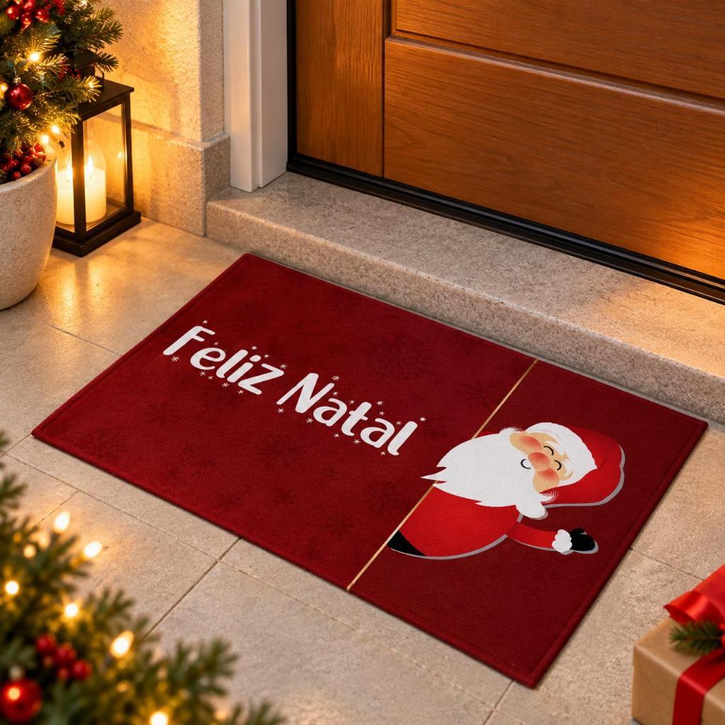 Tapete de Porta Natalino 40x60cm Emborrachado Antiderrapante Feliz Natal Papai Noel Decoração Natal Estampado