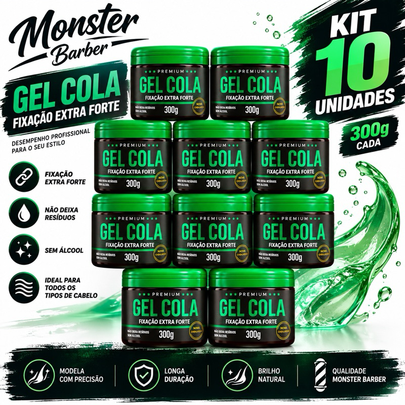 10 Gel Cola hidratante Masculino Monster Barber 300gr Fixador para Cabelo Gelatina Ativadora profissional