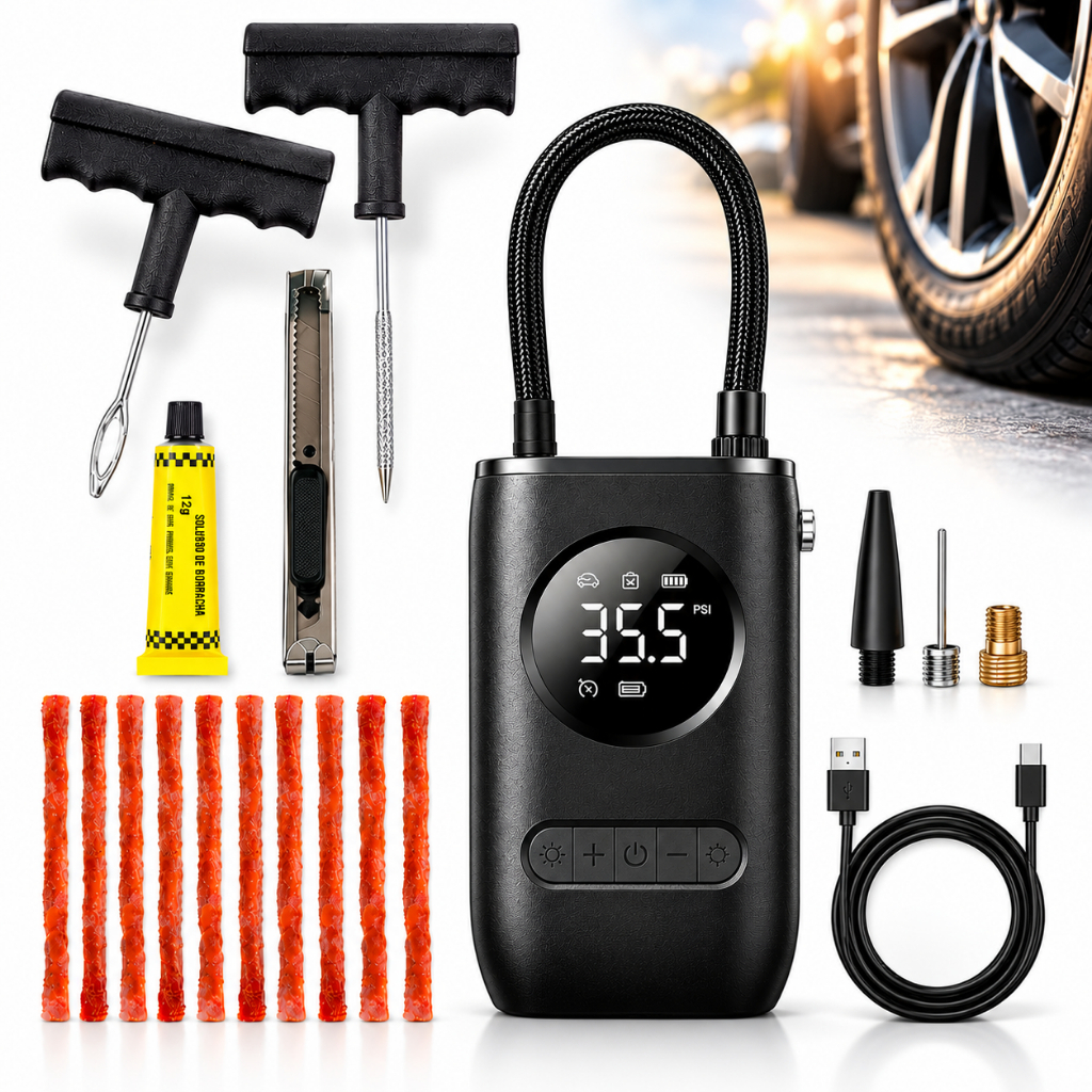 Mini Compressor Portátil Bomba de Encher Pneu+ Kit Reparo Pneus
