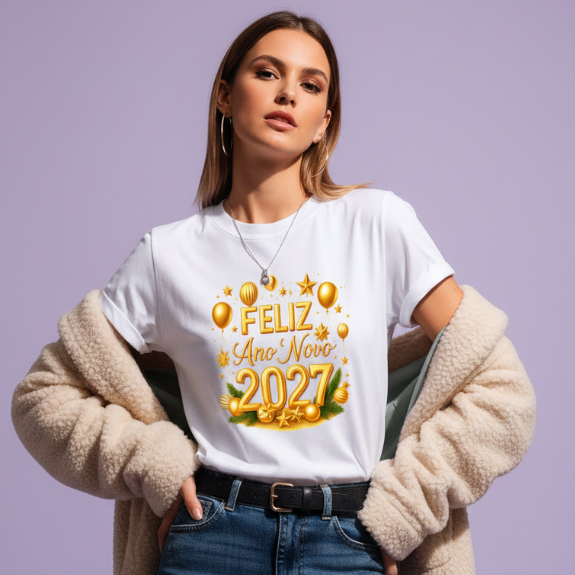 Camiseta Feminina e Masculina para festa de Final de Ano Feliz Ano Novo 2027 V3 Réveillon Casual