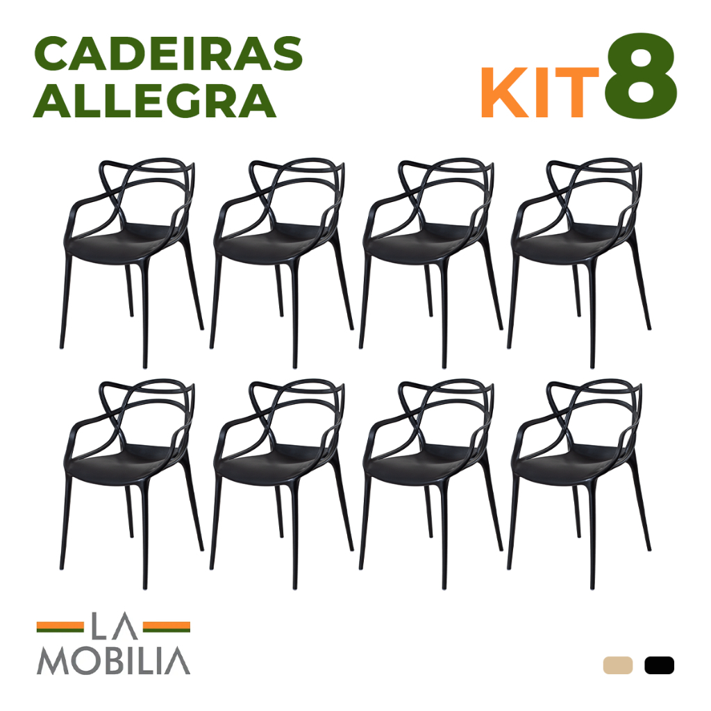 Kit 8 Cadeiras Allegra Polipropileno Sala de Jantar Cozinha Jardim Empilhável