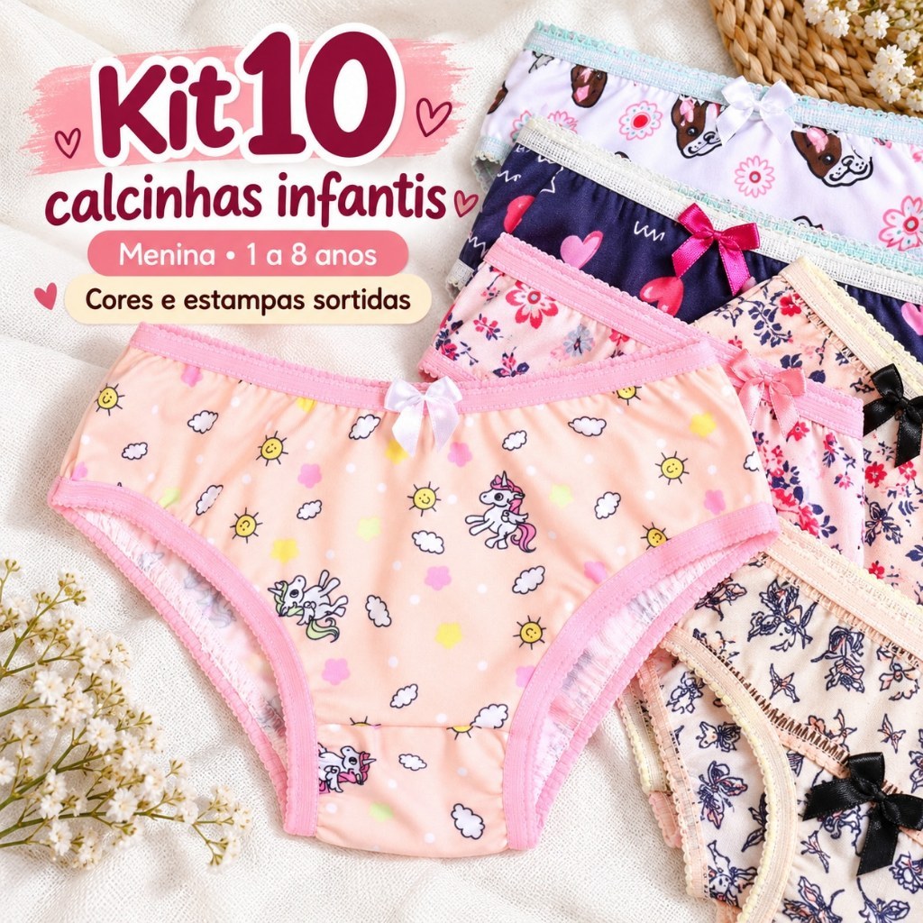 Kit 10 Calcinhas Infantis Menina Microfibra Estampadas 1 a 8 Anos