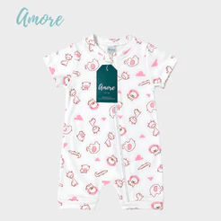 Macacão Curto Bebê Verão Amore Safari Rosa 100% Algodão