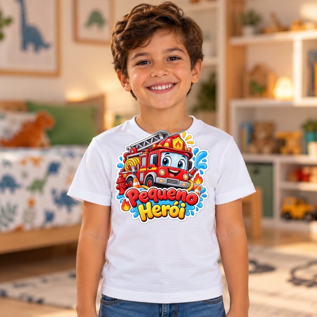 Camiseta Infantil Bombeiro Pequeno Herói Caminhão de Bombeiro Menino Criança Estampada Algodão 2 a 16 Anos Presente
