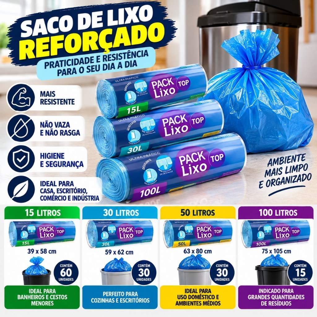 Saco de Lixo Reforçado Azul Tamanhos 15, 30, 50 e 100 litros