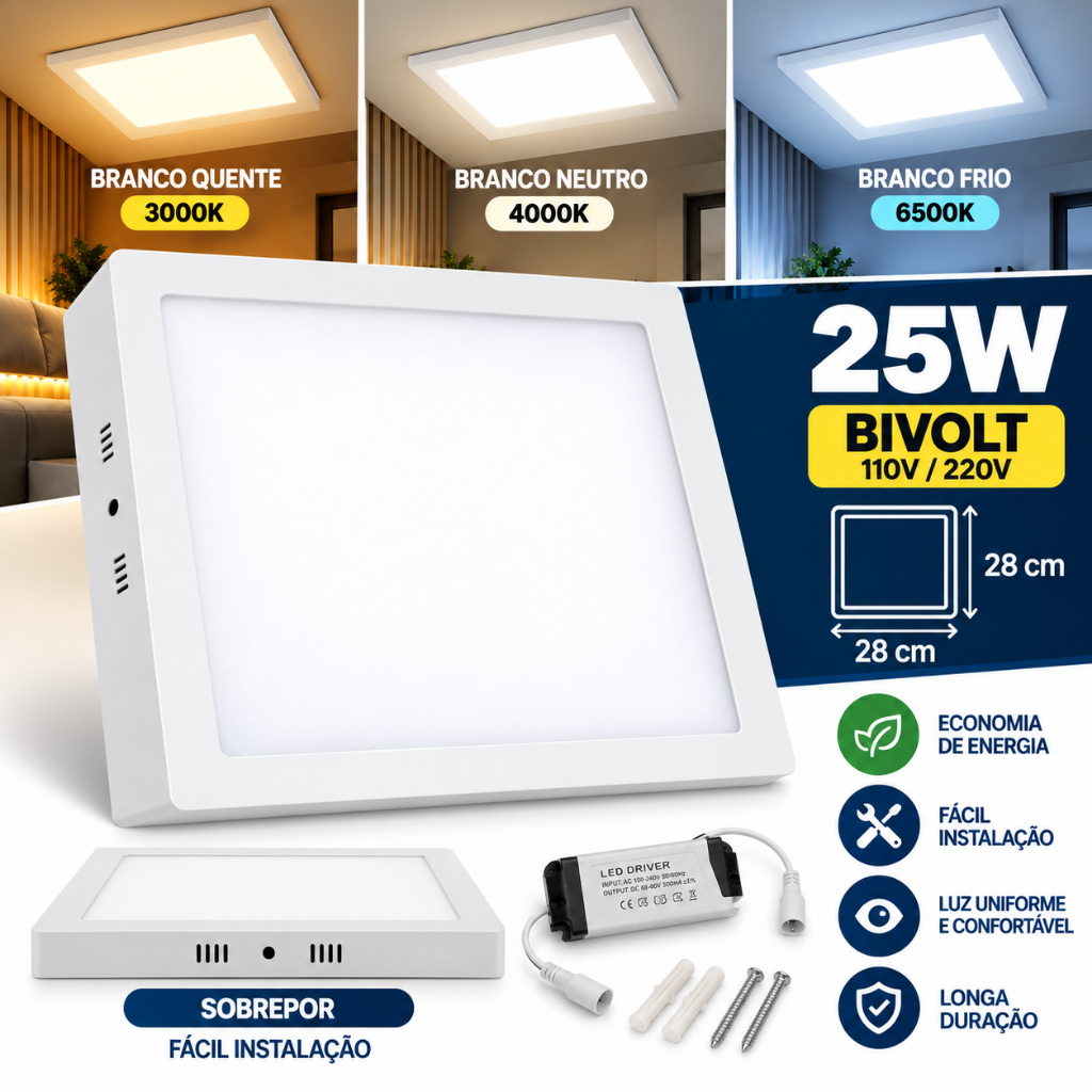 Plafon Sobrepor Quadrado Led 25w Painel Bivolt 28x28