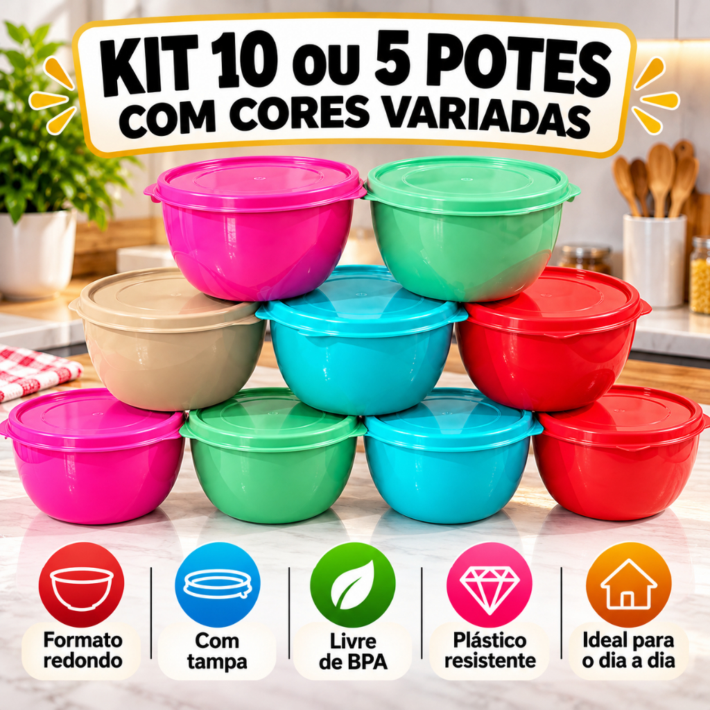 Kit 10/5 Potes Plásticos Redondos Cores Variadas Potes Marmita Potes BOWL Guardar Alimentos Armazenamento de Alimentos