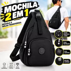 Bolsa Tiracolo Transversal 2 em 1 Compacta Preta Casual Impermeável