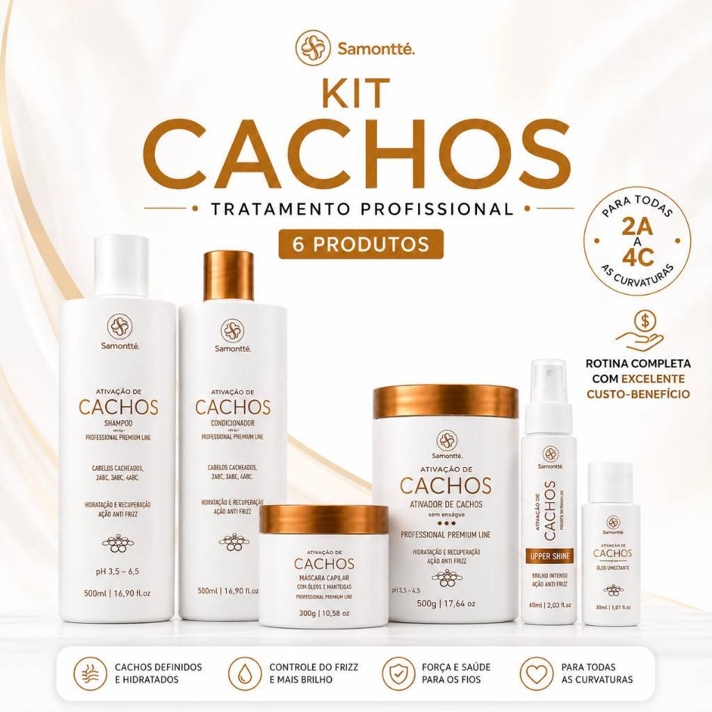 Kit Cachos S’amontté 6 Produtos Rotina Completa Hidratação Nutrição Definição Anti Frizz 2A a 4C