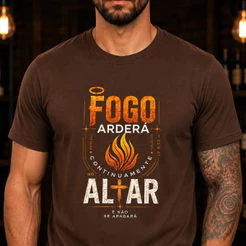 Camiseta Cristã Masculina Fogo Arderá Continuamente no Altar | 100% Algodão | Estampa Gospel | Unissex