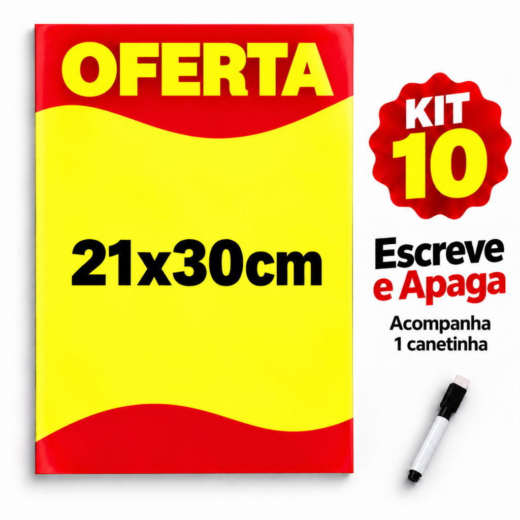 Kit 10 Cartaz Reutilizável de Oferta Promoção A4 21x30 Papel Grosso Laminado + Caneta Apagável