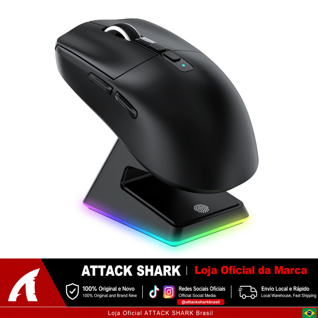 ATTACK SHARK X6 Mouse Gamer Sem Fio 49g PAW3395 26K DPI com Dock Magnético RGB Tri-Mode com Grip Tape Grátis