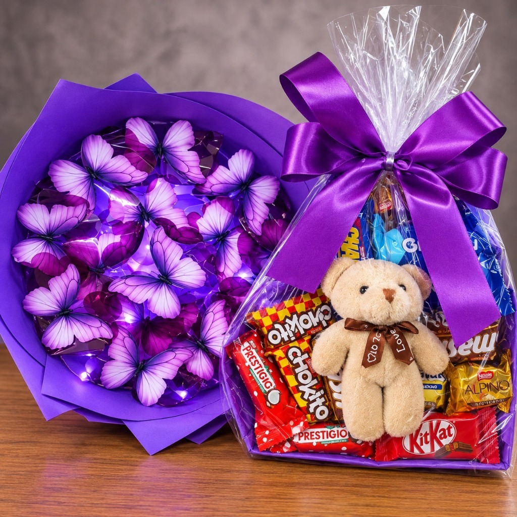 Cesta coração 14 bombons urso chaveiro+mini buquê 15 borboletas pronto para presentear(envio rápido)