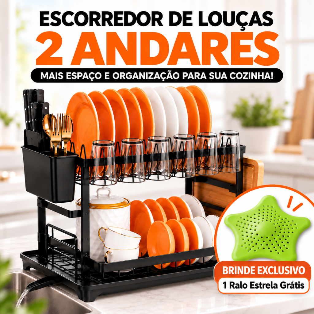 Escorredor de Louças 2 Andares Preto Bandeja Coletora Dreno 360° Porta Talheres Suporte Tábua