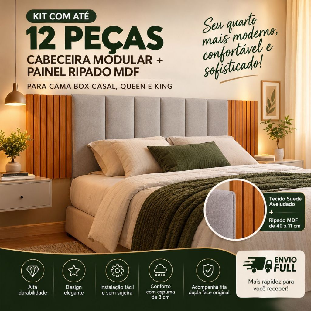 Kit Com Até 12 Peças Cabeceira Modular + Painel Ripado MDF Para Cama Box King Casal Queen - Envio Full