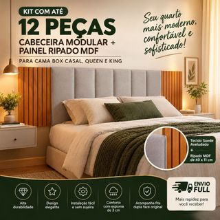 Kit Com Até 12 Peças Cabeceira Modular + Painel Ripado MDF Para Cama Box King Casal Queen - Envio Full