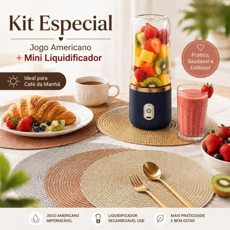 Kit Jogo Americano + Mini Liquidificador Portátil Recarregável USB para Sucos Vitaminas e Smoothies