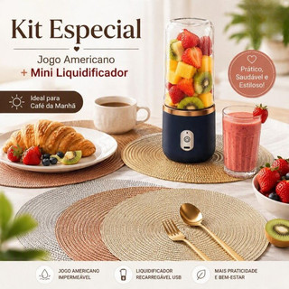Kit Jogo Americano + Mini Liquidificador Portátil Recarregável USB para Sucos Vitaminas e Smoothies