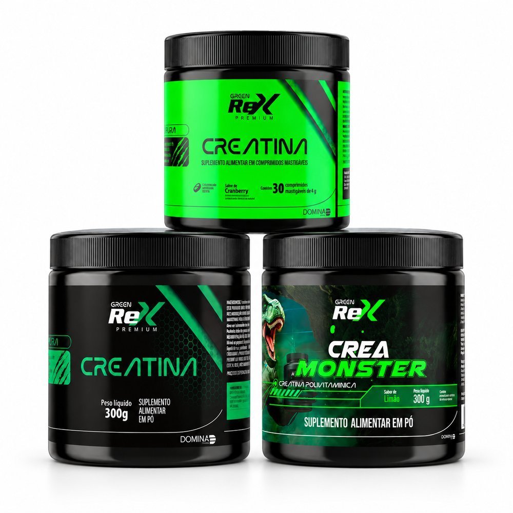Kit Creatina Green Rex: Crea Monster 300g + Creatina Mastigável 30 Pastilhas + Creatina Pura 300g