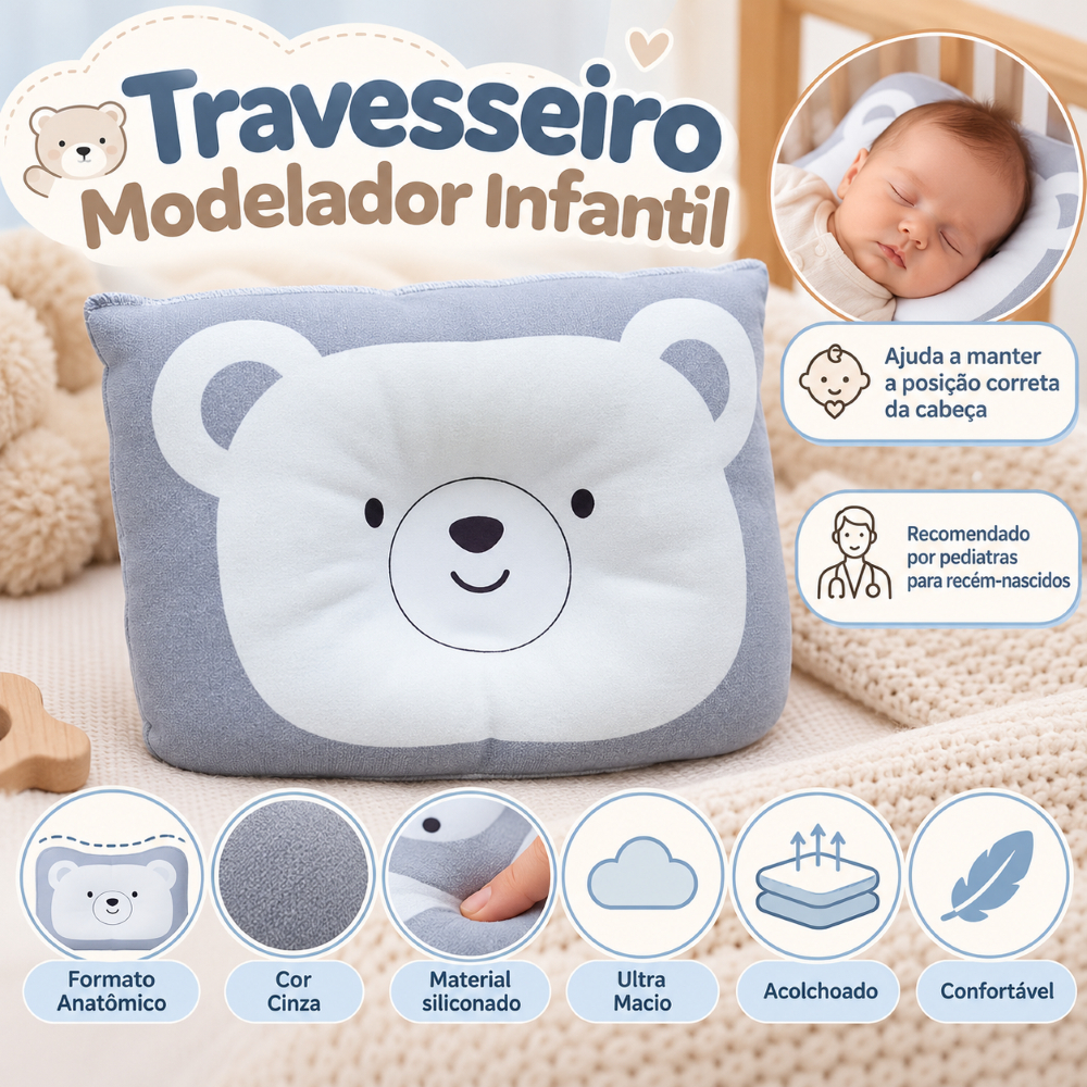Travesseiro Almofada Modelador Recem Nascido Bebe Anatomico Berço Carrinho Conforto Cabeça Chata