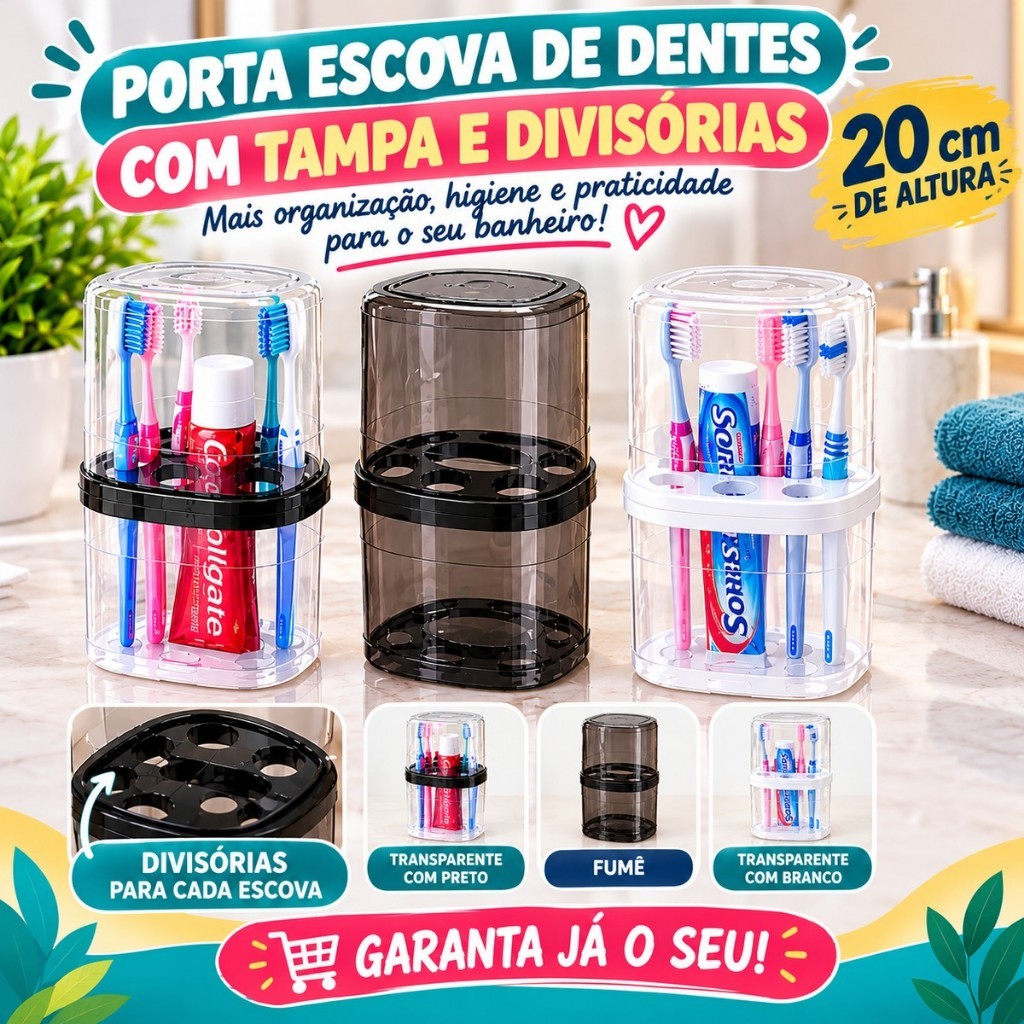 Porta Escova De Dente Com Tampa C/ 6 Divisória Plástico Coisas Para Banheiro Decoração Suporte