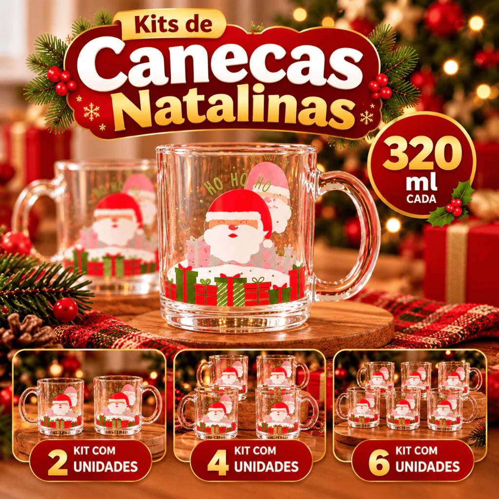 Kit Até 6 Canecas de Vidro Natal 320 ml Estampas Sortidas Festa