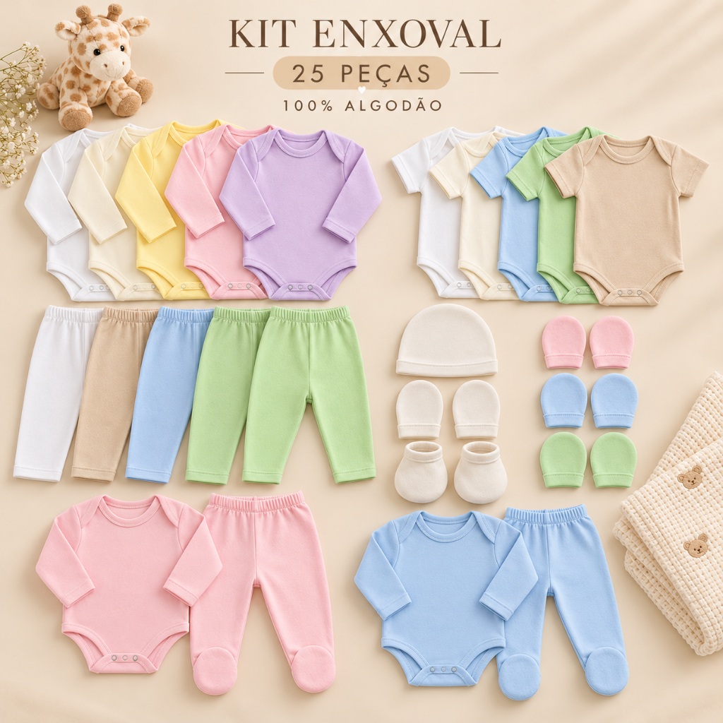 Kit Enxoval 25 Peças Bebê Body Calça Mijão Luva Sapato Touca 100% Algodão Menino Menina Maternidade RN