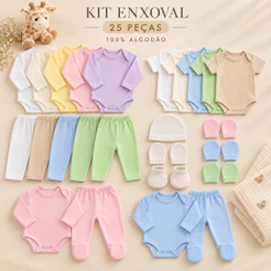 Kit Enxoval 25 Peças Bebê Body Calça Mijão Luva Sapato Touca 100% Algodão Menino Menina Maternidade RN