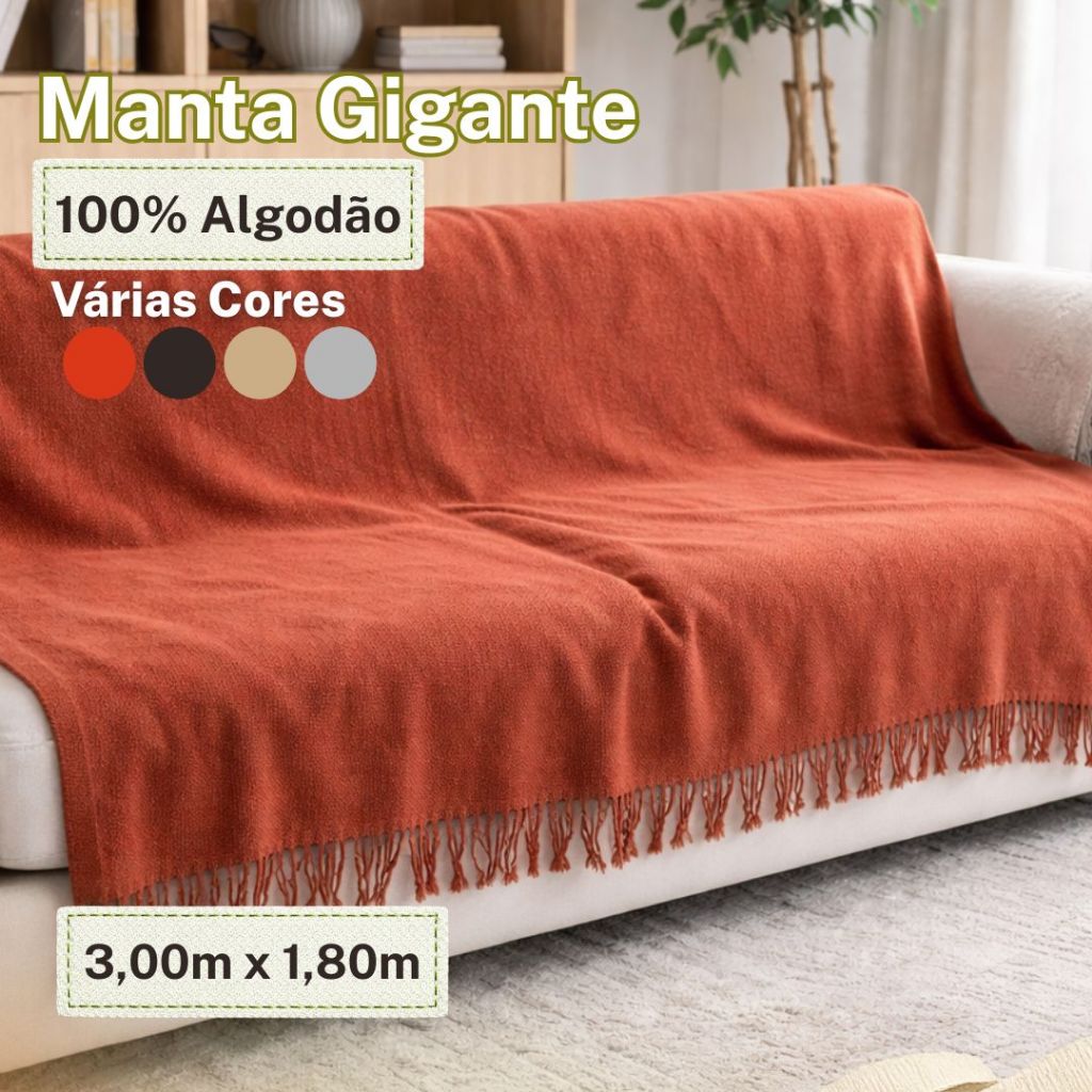 Manta para Sofá Decorativa Gigante 3,00m x 1,80m 100% Algodão com Franjas Várias Cores em Oferta na Shopee