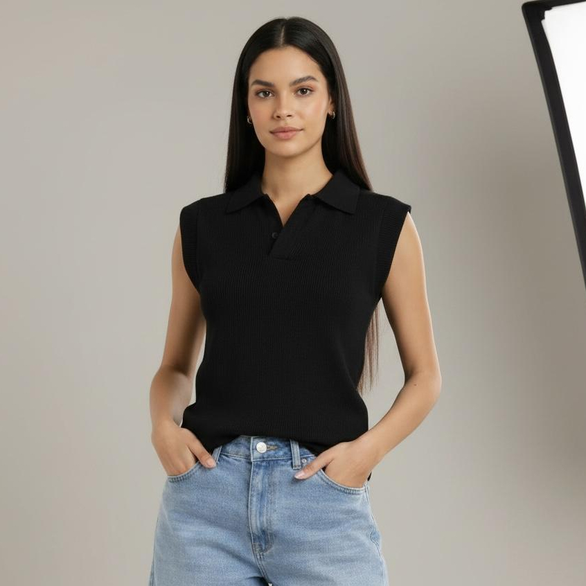 Blusa Feminina Polo Canelada Sem Manga, Regata, Gola, Ribana. 🔥 em Oferta na Shopee