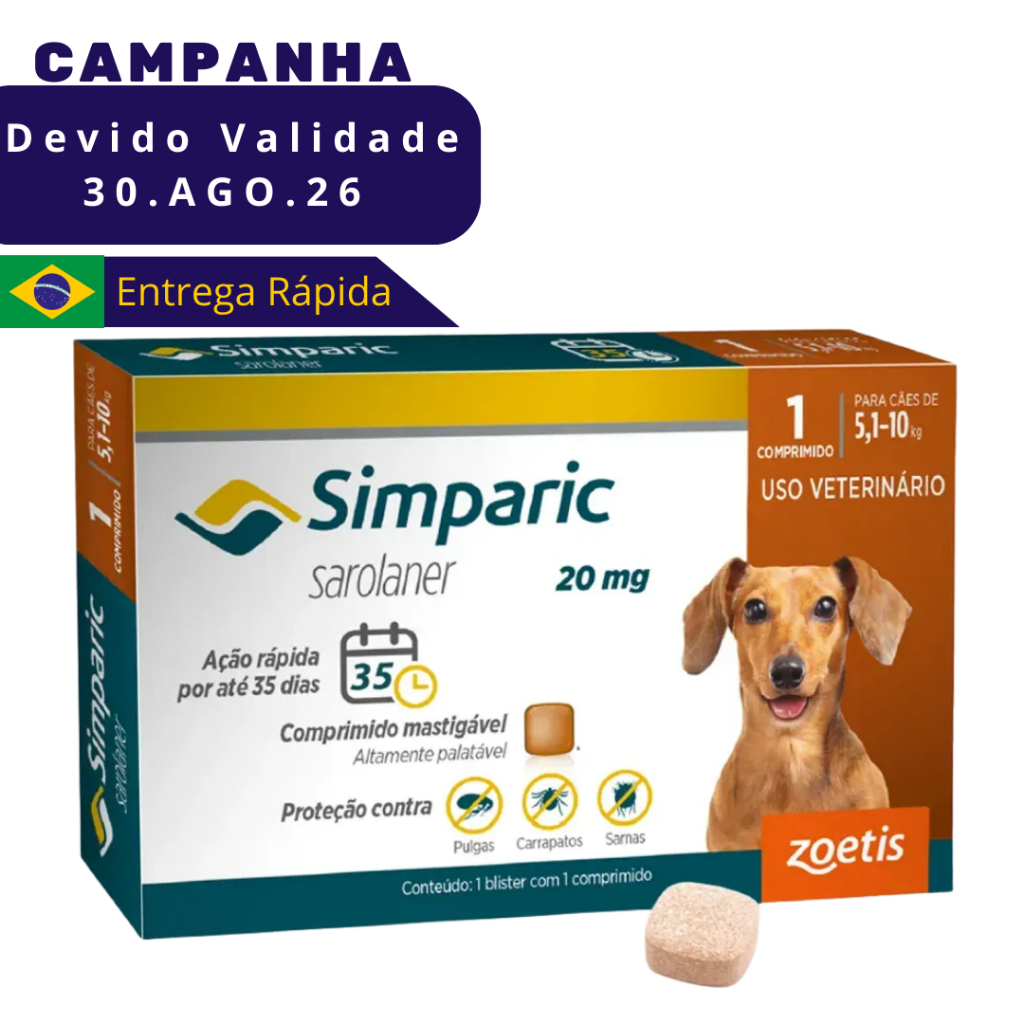 Simparic Antipulgas E Carrapatos Cães 5,1 a 10 Kg Caixa 1 Comprimido ORIGINAL VENC AGO26 em Oferta na Shopee