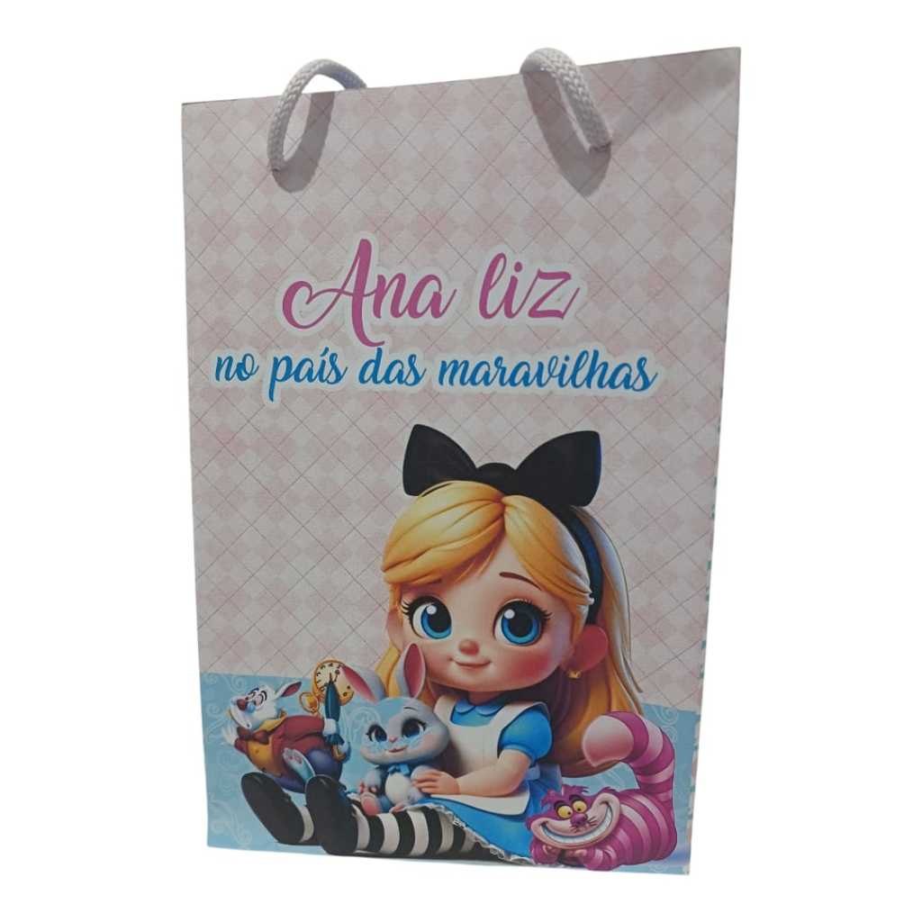 Sacolinha Personalizada com nome e idade (cabe Pipoca) Alice no País das Maravilhas Festa Aniversário Lembrancinhas