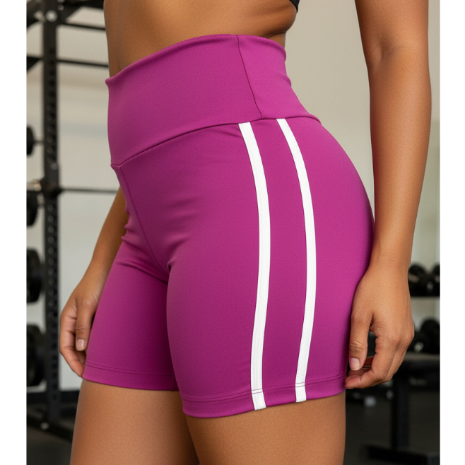 Short Fitness Feminino Bike Cós Alto Listras Laterais | Bermuda Treino Academia Suplex