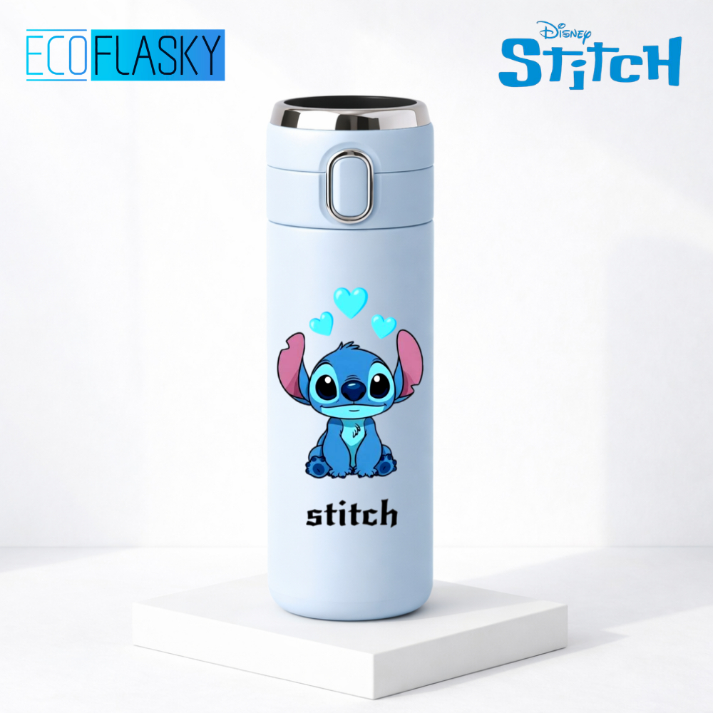 Garrafa Térmica Infantil Stitch Estampada Aço Com Termometro Digital Medidor de Temperatura 420ml em Oferta na Shopee