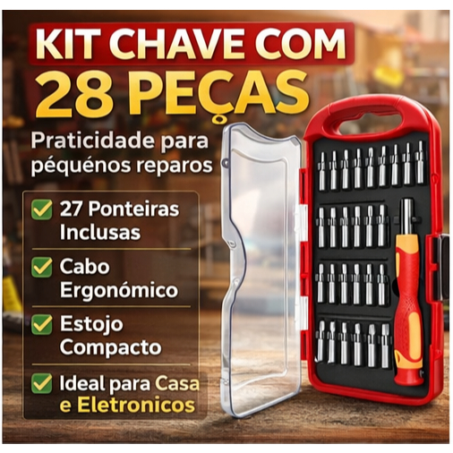 Jogo Chaves Ponteiras 28 Peças Kit Ferramentas Manuais Estojo Organizador Reparo Casa Oficina