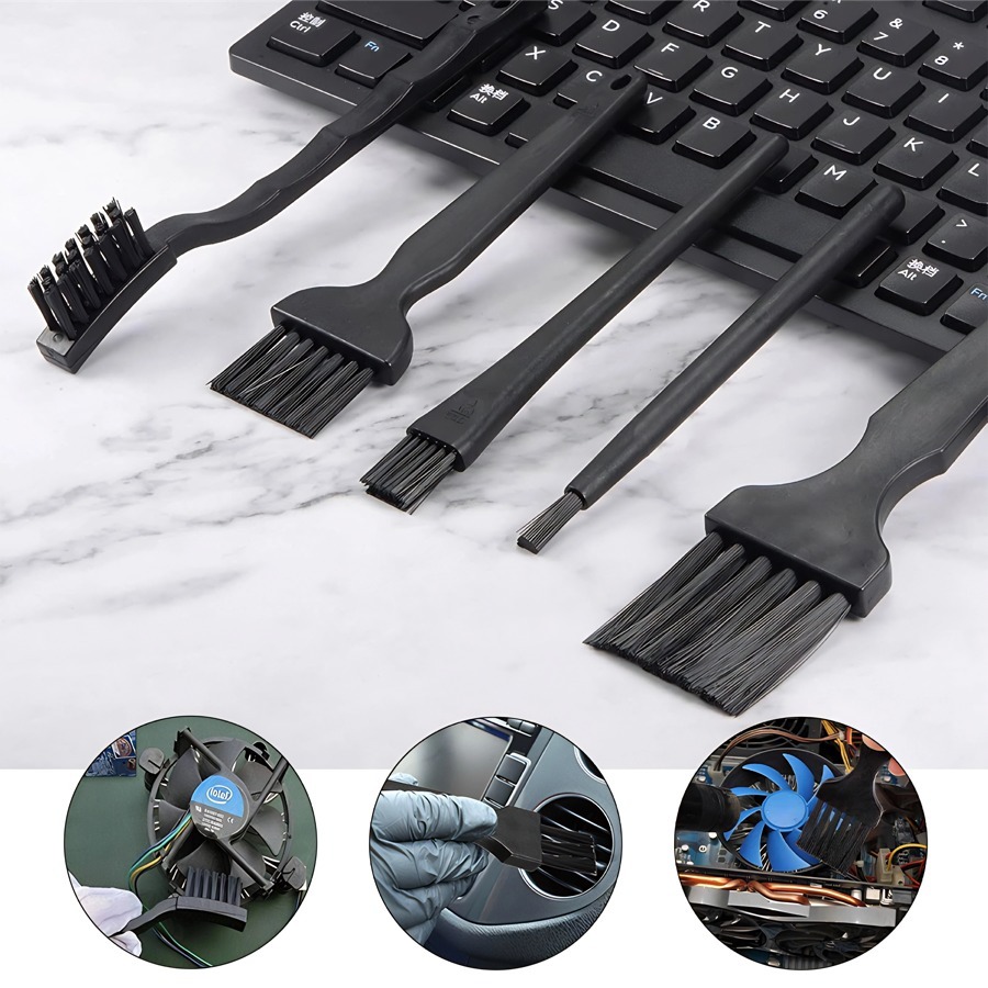 Kit com 5 escovas antiestáticas ESD para limpeza e manutenção de placas eletrônicas e notebooks.